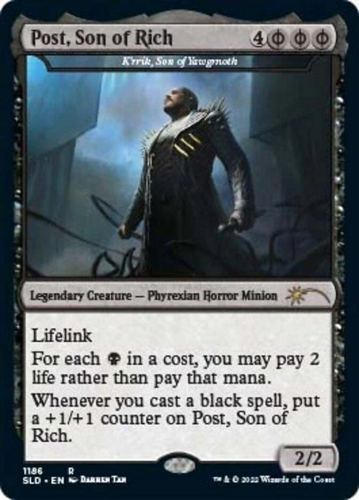 Card image for "K'rrik, Son of Yawgmoth - Post, Son of Rich [Secret Lair Drop Series]," a Magic: The Gathering card in the Secret Lair Drop Series. This Legendary Creature is a Phyrexian Horror Minion with lifelink, capable of using life instead of black mana and gaining +1/+1 counters when black spells are cast. Costs 4 generic and 3 black mana, and has a power/toughness of