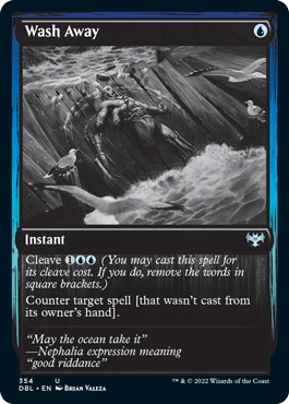 A Magic: The Gathering card titled "Wash Away [Innistrad: Double Feature]" features a blue-black illustration of a person being swept off a wooden ship deck by a large wave. This Instant spell, countering a spell not cast from the owner's hand, comes with a cleave cost of 1 blue and 2 generic mana.