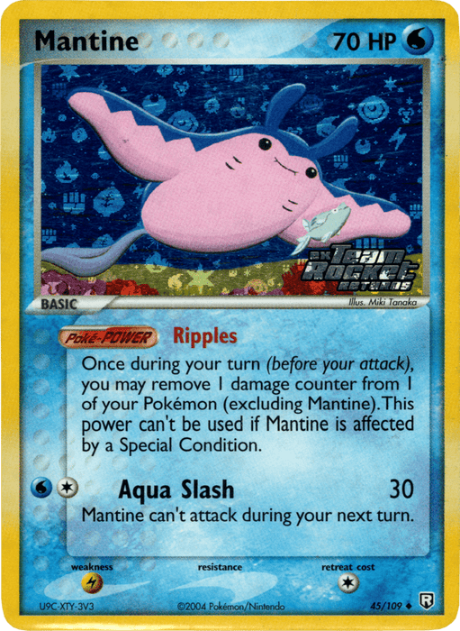 The Mantine (45/109) (Stamped) trading card from the EX: Team Rocket Returns series by Pokémon features a Water-type Mantine with 70 HP. It has the moves "Ripples," which is a special power, and "Aqua Slash," which deals 30 damage. The card's artwork depicts Mantine swimming underwater and includes an Uncommon rarity symbol, along with illustrator credit and Pokédex information.