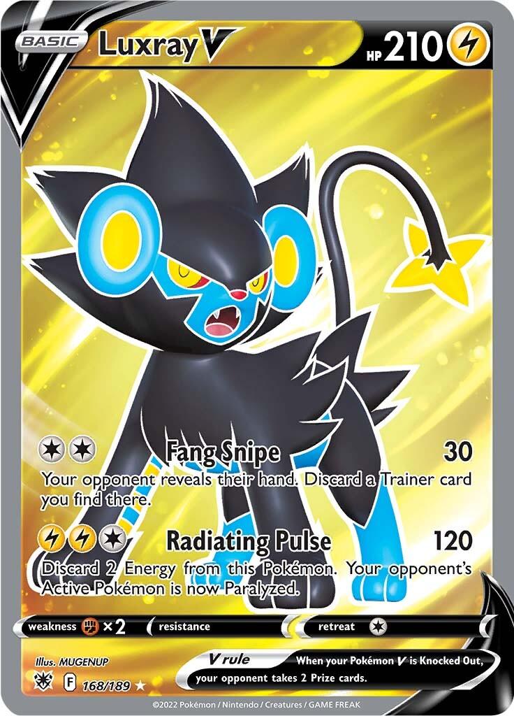 A Pokémon trading card featuring Luxray V (168/189) [Sword & Shield: Astral Radiance] from the Pokémon series. Luxray, an electric-type Pokémon, uses moves 