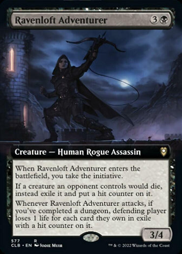 The "Ravenloft Adventurer (Extended Art) [Commander Legends: Battle for Baldur's Gate]" Magic: The Gathering card depicts a dark-clad, hooded figure with a sword, standing atop a castle battlement. Lightning forks across a stormy sky behind them. The card's text describes its abilities and effects in-game, with stats of 3 power and 4 toughness.