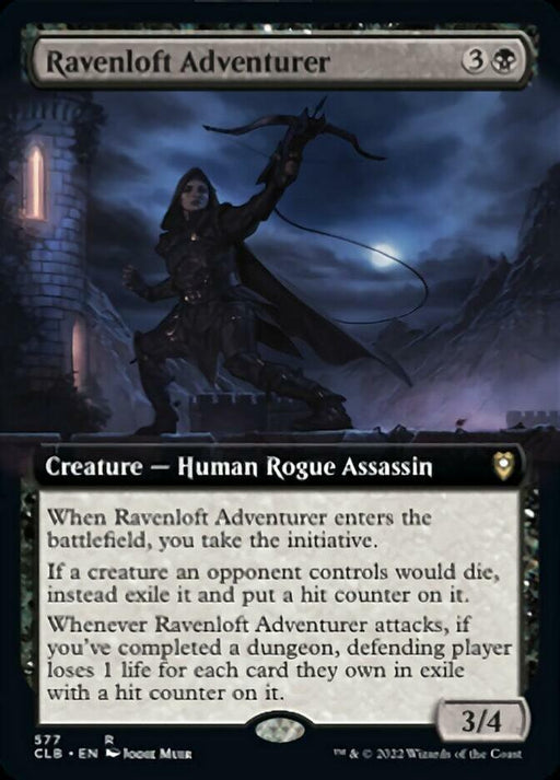 The "Ravenloft Adventurer (Extended Art) [Commander Legends: Battle for Baldur's Gate]" Magic: The Gathering card depicts a dark-clad, hooded figure with a sword, standing atop a castle battlement. Lightning forks across a stormy sky behind them. The card's text describes its abilities and effects in-game, with stats of 3 power and 4 toughness.