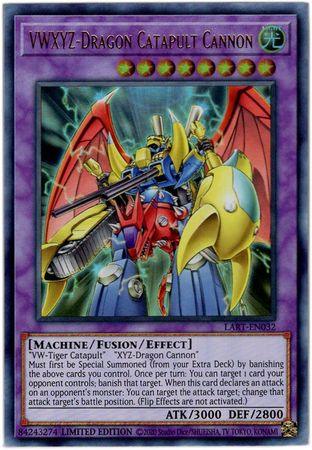 Image of a Yu-Gi-Oh! trading card titled "VWXYZ-Dragon Catapult Cannon [LART-EN032] Ultra Rare." The Fusion/Effect Monster showcases a futuristic robot with blue and yellow armor, red wings, and various weaponry. It has stats "ATK/3000 DEF/2800" and its text details are clearly visible.