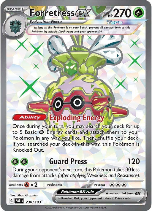 A Pokémon trading card featuring Forretress ex (230/193) [Scarlet & Violet: Paldea Evolved], a Bug/Steel type with 270 HP. This ultra rare, holographic card boasts silver borders and comes from the Scarlet & Violet—Paldea Evolved expansion. Forretress ex has an ability called "Exploding Energy" and a move named "Guard Press" that deals 120 damage.