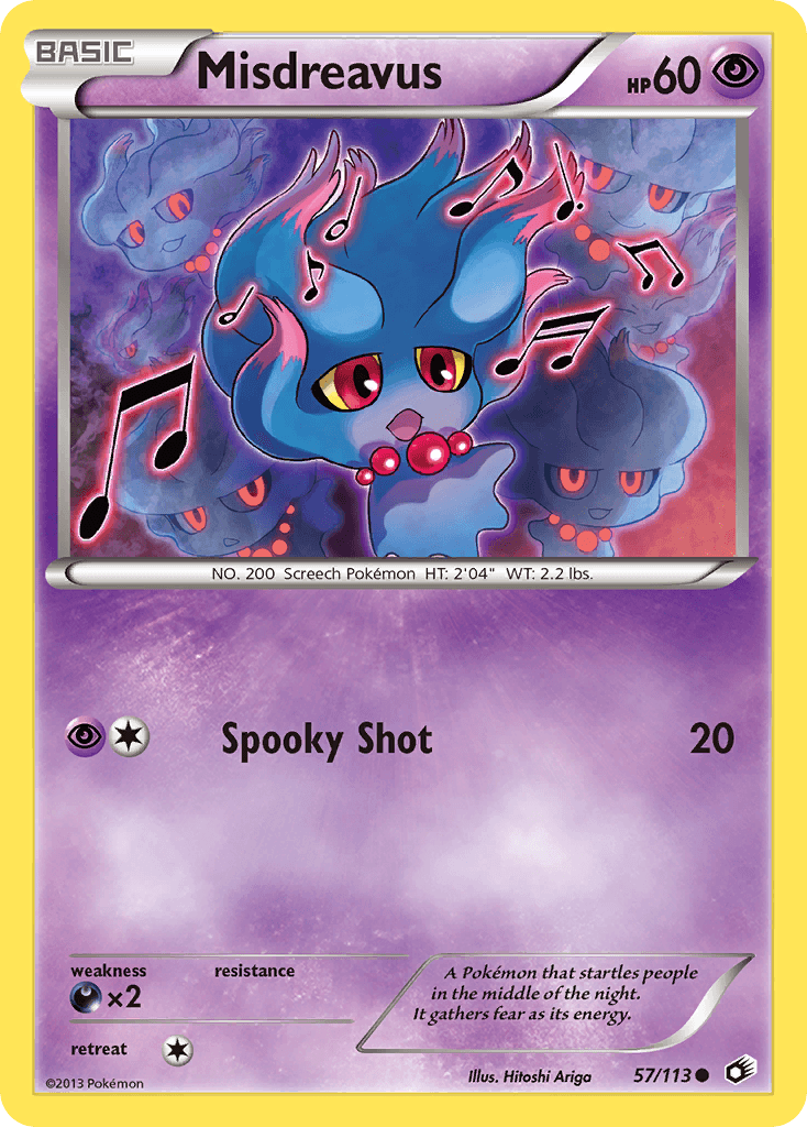 A Misdreavus (57/113) [Black & White: Legendary Treasures] trading card from Pokémon. This Psychic-type creature has red eyes, a blue-colored body, and pink-tipped hair with red necklace beads. Its move 