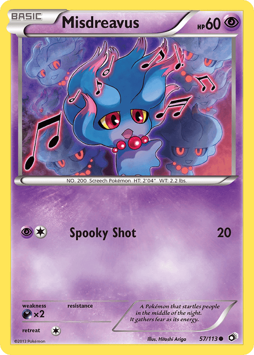 A Misdreavus (57/113) [Black & White: Legendary Treasures] trading card from Pokémon. This Psychic-type creature has red eyes, a blue-colored body, and pink-tipped hair with red necklace beads. Its move "Spooky Shot" deals 20 damage. The card boasts a purple background and yellow border with a whimsical nighttime design.