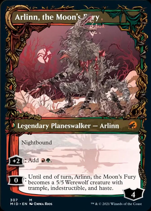 A Magic: The Gathering card titled "Arlinn, the Pack's Hope // Arlinn, the Moon's Fury (Showcase Equinox) [Innistrad: Midnight Hunt]" from Innistrad: Midnight Hunt features nighttime werewolf artwork. This Legendary Planeswalker has nightbound ability, adding mana (+2), and transforming into a 5/5 werewolf creature with trample, indestructible, and haste (0). It has 4 loyalty.