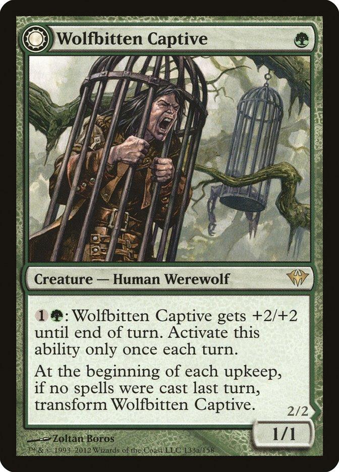 A Magic: The Gathering card titled "Wolfbitten Captive // Krallenhorde Killer [Dark Ascension]" from the Dark Ascension set. It features art by Zoltan Boros of a distressed human werewolf trapped in a hanging iron cage in a forest. This rare card is green, costs 1 green mana, and reads "1G: Wolfbitten Captive gets +2/+2 until end of turn. Activate