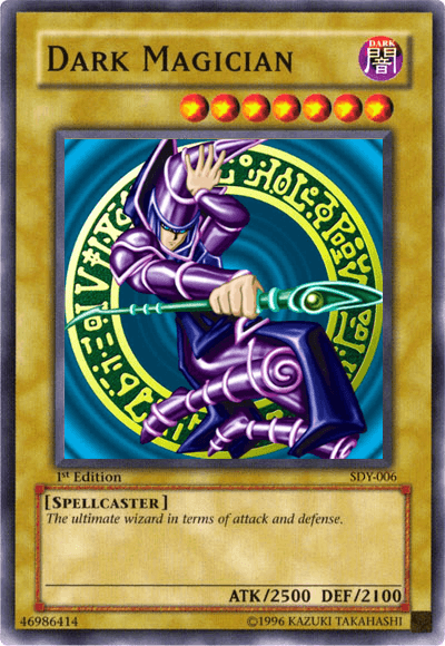 A Yu-Gi-Oh! trading card featuring the "Dark Magician" character. This Ultra Rare card, Dark Magician [SDY-006] Ultra Rare by Yu-Gi-Oh!, depicts the Dark Magician as a robed figure wielding a staff, set against a green and blue patterned background. The 1st Edition Normal Monster boasts stats of ATK/2500 DEF/2100 and is "The ultimate wizard in terms of attack and defense.