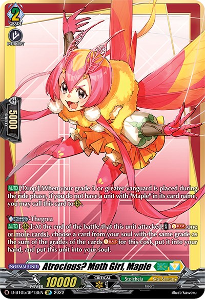 A card from Bushiroad's "Cardfight!! Vanguard" game, specifically from the "Triumphant Return of the Brave Heroes" series, features "Atrocious? Moth Girl, Maple (D-BT05/SP18EN)." This Grade 3 Vanguard character has pink hair, antennae, and wings. She is dressed in colorful attire with claw-like hands and boasts a power rating of 10000 and a critical value of 1. Her skills and stats are listed at the bottom.