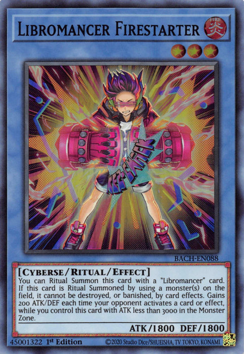 A Yu-Gi-Oh! card titled "Libromancer Firestarter [BACH-EN088] Super Rare." The card features a dynamic, anime-style character engulfed in flames with a fierce expression. In a combat stance, the character's text outlines attributes and effects. This Libromancer card has ATK 1800 and DEF 1800, perfect for a Ritual Summon deck.