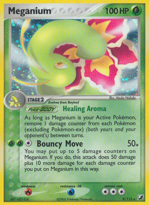 A rare Pokémon trading card from the Unseen Forces series featuring Meganium (9/115) (Theme Deck Exclusive) [EX: Unseen Forces]. Meganium, a Grass-type, has a green body and large pink flower petals around its neck. The card's abilities include Healing Aroma and Bouncy Move, with detailed stats on its attacks and weaknesses.