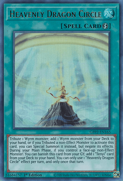A Yu-Gi-Oh! trading card titled **Heavenly Dragon Circle [GFP2-EN165] Ultra Rare**, an Ultra Rare Quick-Play Spell with a blue border. The illustration depicts a glowing dragon emerging from a mountain peak shrouded in light and mist. The card features detailed text and the unique number "GFP2-EN165" in the bottom left.