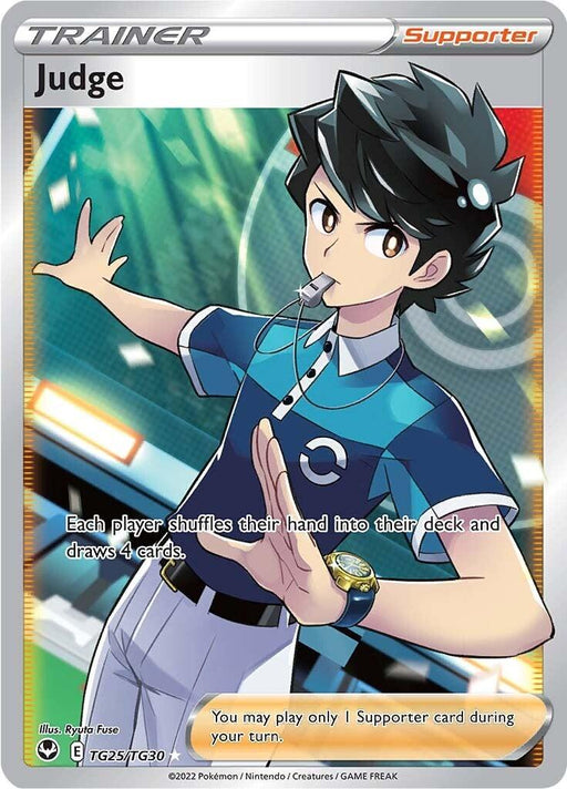 A Secret Rare Pokémon card titled "Judge (TG25/TG30) [Sword & Shield: Silver Tempest]" from the Trainer Supporter series in the Pokémon Sword & Shield: Silver Tempest set. The card features an illustration of a male character with a whistle, blue polo shirt, white gloves, and dark hair. He is holding up a hand to signal stop. The text explains that each player shuffles their hand into their deck and draws 4 cards.