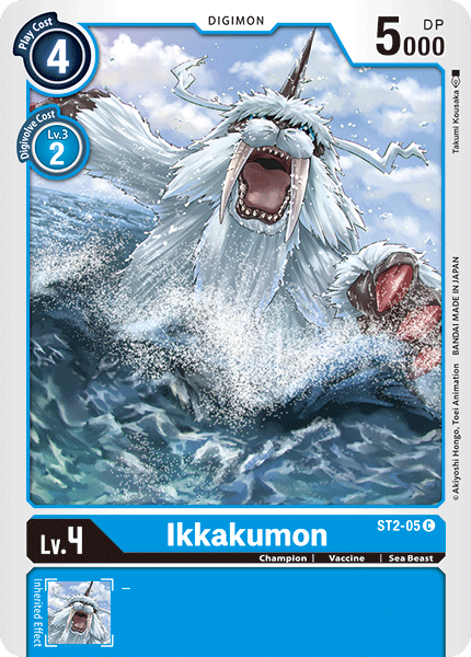 The image features the Ikkakumon [ST2-05] trading card from the Digimon Starter Deck: Cocytus Blue, depicting a powerful Sea Beast Digimon with a horn and tusks roaring through ocean waves. This Champion Level Vaccine type has a Play Cost of 4, DP of 5000, and can digivolve from Level 3 for 2.