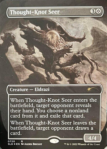 A "Thought-Knot Seer (720) (Borderless) [Secret Lair Drop Promos]" Magic: The Gathering trading card from a Secret Lair Drop. This Eldrazi creature is depicted as a monstrous, abstract figure with an ethereal, tentacle-like form. It costs three colorless mana and one generic mana to cast. The card's abilities are detailed in the text box below its striking artwork. Power/toughness: 4/4