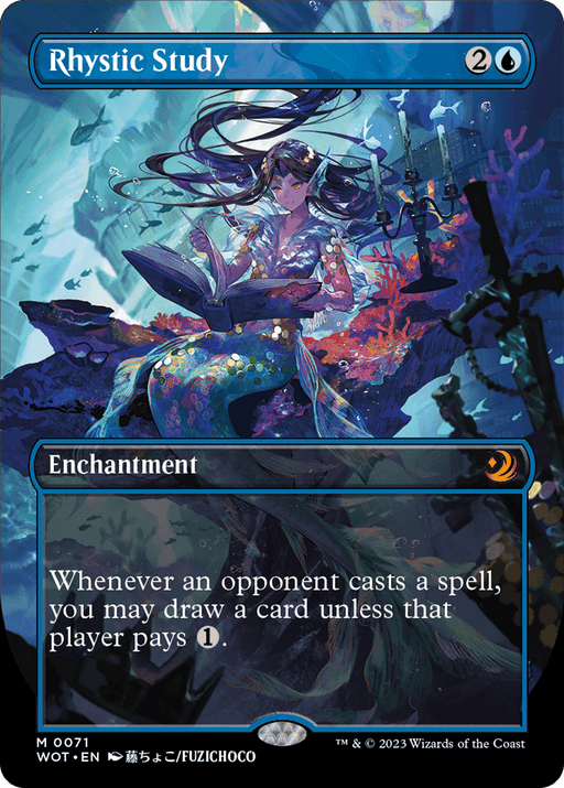 A fantasy-themed Magic: The Gathering card titled "Rhystic Study (Anime Borderless) [Wilds of Eldraine: Enchanting Tales]." In this Mythic Enchantment, the artwork depicts an ethereal mermaid-like figure sitting underwater, surrounded by luminous marine plants and ancient ruins. She is reading a book, with swirling light and magic emanating around her. The card is bordered in blue.