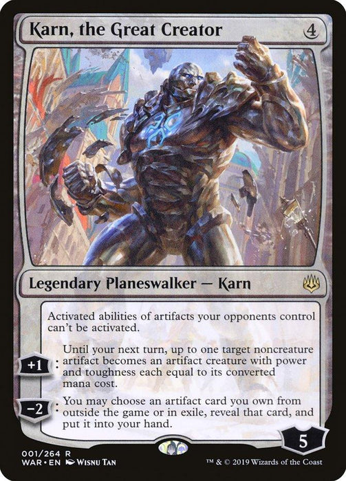 Image depicts the Magic: The Gathering card "Karn, the Great Creator [War of the Spark]" from Magic: The Gathering. Karn stands in a powerful pose, glowing with energy. The Legendary Planeswalker has a mana cost of 4 and 5 loyalty, with abilities like neutralizing opponent artifact activations and retrieving exile cards.