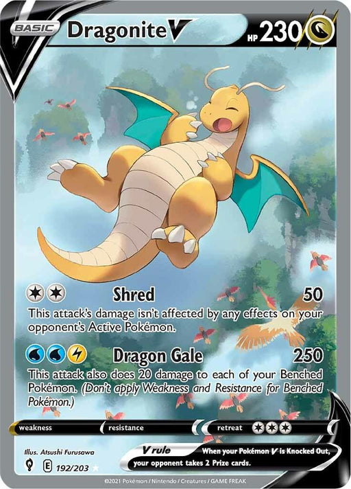 A Pokémon Dragonite V (192/203) [Sword & Shield: Evolving Skies] trading card featuring Dragonite V from the Evolving Skies set. Dragonite, a large orange dragon with small wings and a white belly, is flying and smiling with its eyes closed. This Ultra Rare card has 230 HP and two attacks: Shred (50 damage) and Dragon Gale (250 damage). Card number 192/203, illustrated by Atsushi Furusawa.
