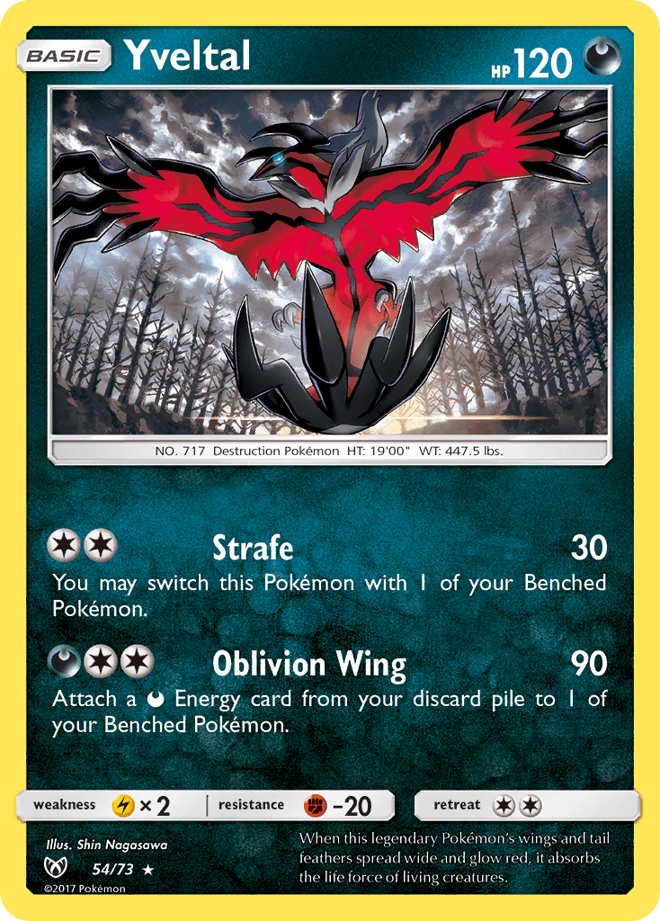 The Yveltal (54/73) Holo Rare Pokémon card from the Sun & Moon: Shining Legends series features Yveltal, a Darkness type with 120 HP. This card showcases an illustrated black and red avian creature with spread wings and claws against a stormy sky. Its moves include 