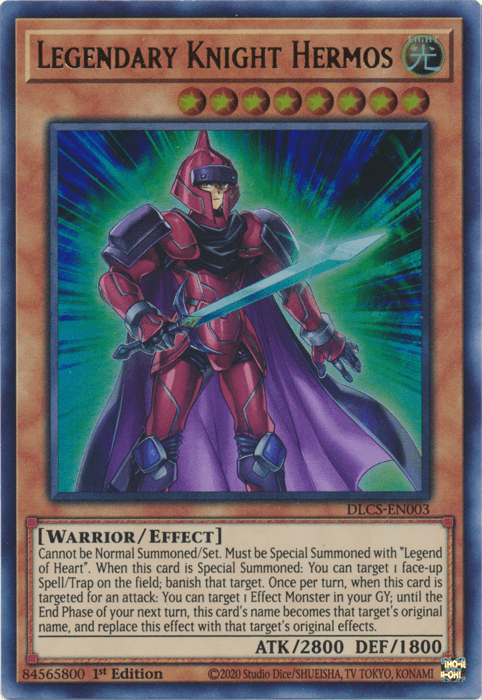 A Yu-Gi-Oh! trading card titled "Legendary Knight Hermos [DLCS-EN003] Ultra Rare". This Ultra Rare Effect Monster features an armored knight in red, black, and silver armor holding a purple, glowing sword. The card has detailed stats and effects written in the text box, with an ATK of 2800 and DEF of 1800. The background is lit with a mystical blue and green aura.