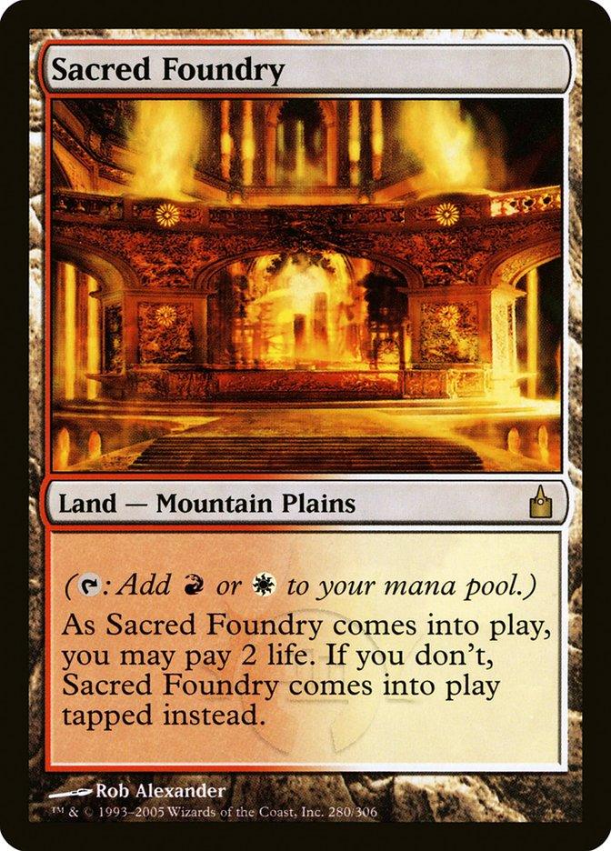 The Magic: The Gathering card Sacred Foundry [Ravnica: City of Guilds] is a Rare Land with artwork by Rob Alexander that features a grand forge with molten metal flowing. As a 