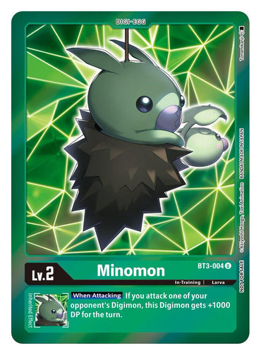 A Digimon card featuring Minomon [BT3-004] (Event Pack 2) [Release Special Booster Ver.1.5], an In-Training level Digimon. Minomon is depicted as a green, caterpillar-like creature with a round body, antennae, and small limbs. The background has a green, geometric pattern. The card includes text that gives Minomon an attack boost under certain conditions.

