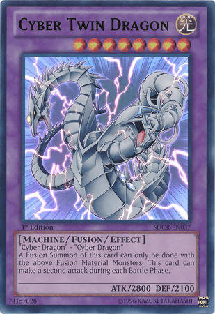 A Yu-Gi-Oh! trading card featuring Cyber Twin Dragon [SDCR-EN037] Ultra Rare, an Ultra Rare Fusion Monster. The card background is purple, showcasing a twin-headed metallic dragon. It displays its type, Machine/Fusion/Effect, and stats: ATK 2800 and DEF 2100. The bottom shows "1st Edition" and card number SDCR-EN037.