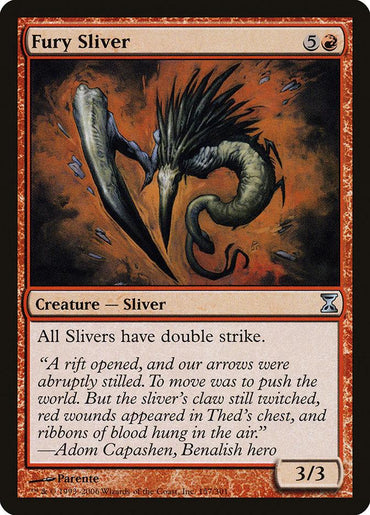 The Magic: The Gathering card "Fury Sliver [Time Spiral]" features a 3/3 horned Sliver against a fiery background. Costing 5 red mana, it grants "double strike" to all Slivers, and its flavor text depicts an epic battle scene.