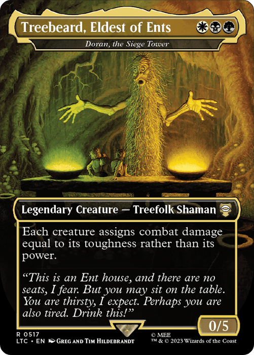 A Magic: The Gathering card featuring Treebeard, Eldest of Ents - Doran, the Siege Tower (Borderless) [The Lord of the Rings: Tales of Middle-Earth Commander] from The Lord of the Rings. This Legendary Creature card has a green-black border and displays a tree-like being with branches for limbs and a glowing yellow aura. It details its abilities and boasts a power/toughness of 0/5.