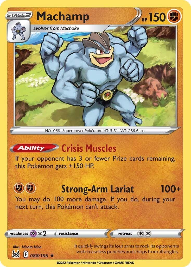 A Holo Rare Pokémon trading card featuring Machamp (088/196) [Sword & Shield: Lost Origin] from Pokémon. The card boasts 150 HP and is labeled as a Stage 2 Pokémon that evolves from Machoke. Machamp, depicted as a muscular, blue creature with four arms, has abilities 