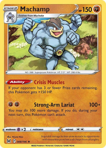 A Holo Rare Pokémon trading card featuring Machamp (088/196) [Sword & Shield: Lost Origin] from Pokémon. The card boasts 150 HP and is labeled as a Stage 2 Pokémon that evolves from Machoke. Machamp, depicted as a muscular, blue creature with four arms, has abilities "Crisis Muscles" and "Strong-Arm Lariat." It's card number 088/196.