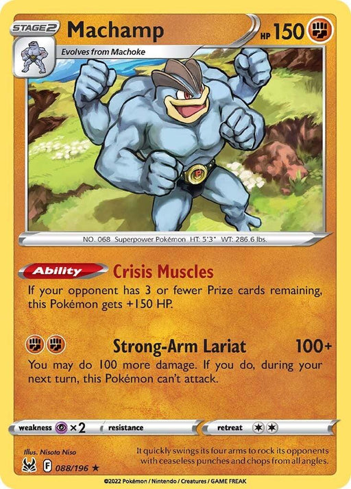 A Holo Rare Pokémon trading card featuring Machamp (088/196) [Sword & Shield: Lost Origin] from Pokémon. The card boasts 150 HP and is labeled as a Stage 2 Pokémon that evolves from Machoke. Machamp, depicted as a muscular, blue creature with four arms, has abilities "Crisis Muscles" and "Strong-Arm Lariat." It's card number 088/196.