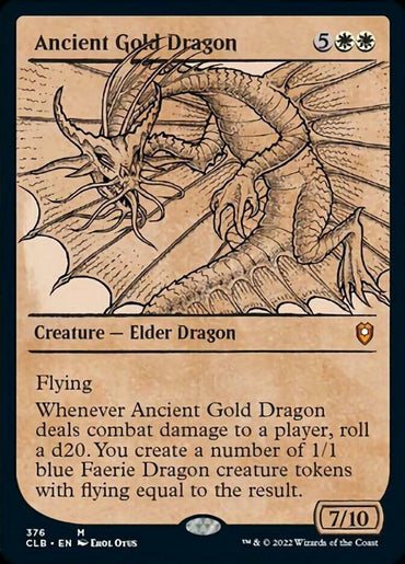 A Magic: The Gathering card from Commander Legends: Battle for Baldur's Gate titled "Ancient Gold Dragon (Showcase)." It features an illustration of a large, fearsome Elder Dragon with wings outstretched. The dragon has sharp claws and a menacing expression. It's a 7/10 with Flying, creating Faerie Dragon creature tokens. Cost: five generic, two white mana. Card set/