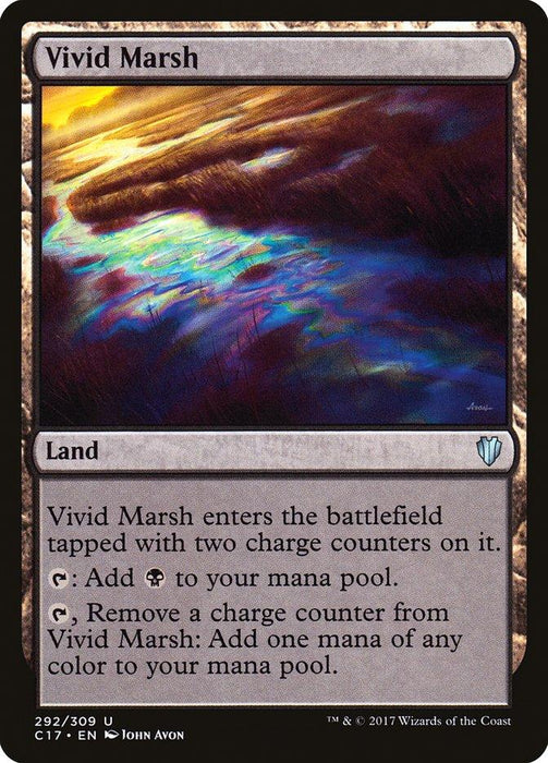 A Magic: The Gathering product titled "Vivid Marsh [Commander 2017]" from Magic: The Gathering depicts a luminescent marshland with vibrant colors. The card text reads: "Vivid Marsh enters the battlefield tapped with two charge counters on it. Tap: Add black mana. Tap, Remove a charge counter: Add one mana of any color.