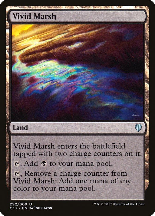 A Magic: The Gathering product titled "Vivid Marsh [Commander 2017]" from Magic: The Gathering depicts a luminescent marshland with vibrant colors. The card text reads: "Vivid Marsh enters the battlefield tapped with two charge counters on it. Tap: Add black mana. Tap, Remove a charge counter: Add one mana of any color.