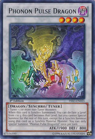 The product "Phonon Pulse Dragon [PRIO-EN055] Rare" from Yu-Gi-Oh! showcases a holographic card featuring "Phonon Pulse Dragon," a Dark type Synchro Monster designed with vibrant mechanical elements in purple, green, and yellow, enveloped by a rainbow aura. This card is characterized by its Dragon/Synchro/Tuner attributes, along with stats of ATK 1900 and DEF 800. Detailed text provides information on its summoning and effects.