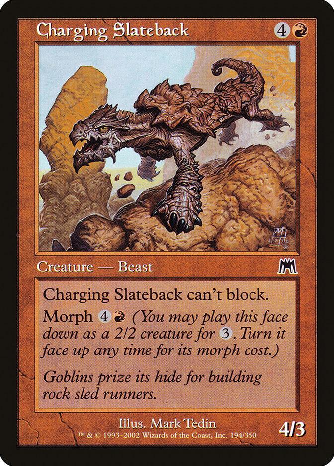 The image shows a Charging Slateback [Onslaught] Magic: The Gathering card. It is a creature card of type Beast with a mana cost of 4R and a power/toughness of 4/3. The artwork depicts a rocky, armored creature running down a hill. The card text indicates it can't block and has a Morph cost of 4R.