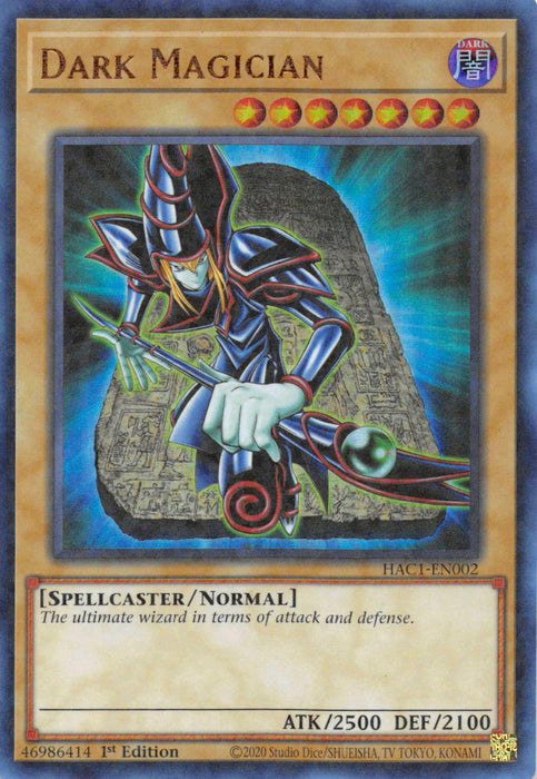 The image shows a Yu-Gi-Oh! card named "Dark Magician (Duel Terminal) [HAC1-EN002] Parallel Rare," depicted as the ultimate wizard in purple and black robes and a pointed hat, wielding a green staff against a stone tablet background. This Hidden Arsenal card has 2500 Attack and 2100 Defense points, with text reading, "The ultimate wizard in terms of attack and defense.