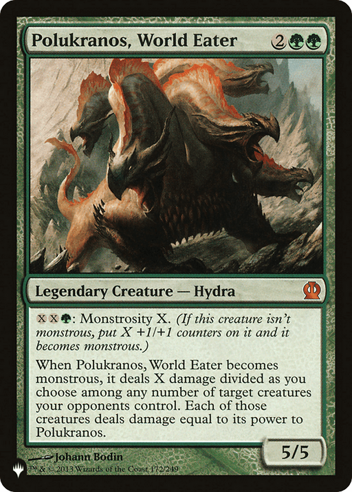 A Magic: The Gathering card titled "Polukranos, World Eater [The List]." The card depicts a menacing legendary hydra with multiple heads. It has green and black borders and is a rare card with a green mana cost. The creature's abilities and its monstrous transformation are detailed in the text box.