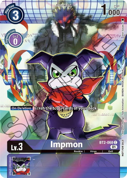 The Digimon card Impmon [BT2-068] (Tamer's Card Set 1) from the Release Special Booster Promos features a small purple demon-like Rookie with green eyes and a red scarf adorned with a golden smiley face. The card details include a play cost of 3, a digivolve cost of 0, 1000 DP, and an effect that trashes the top 3 cards of your deck upon deletion.