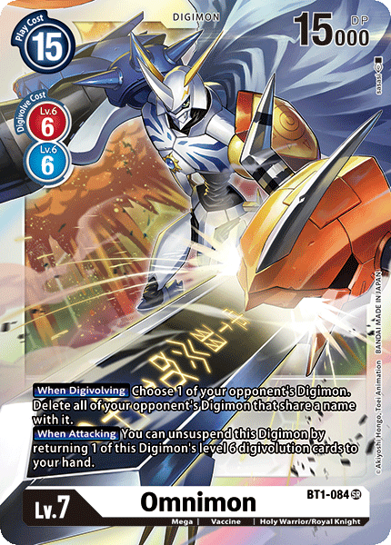 Image of a Super Rare Digimon trading card titled Omnimon [BT1-084] from the Release Special Booster Ver.1.0 set by Digimon. Depicting the Holy Warrior in a dynamic pose with a large sword and shield, it features its Digivolution costs and level in the top left corner, while the text box describes its abilities 