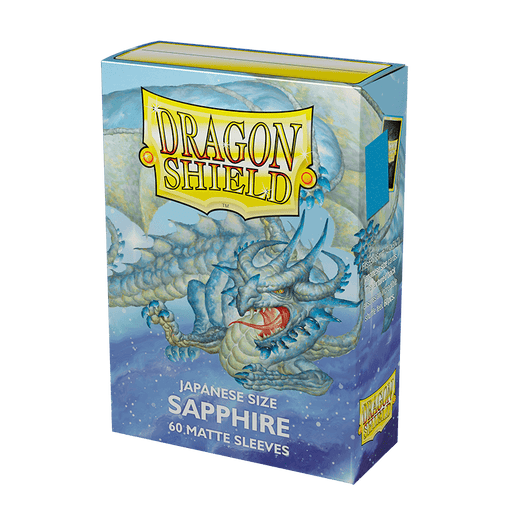 A box of Arcane Tinmen's Dragon Shield: Japanese Size 60ct Sleeves - Sapphire (Matte). The packaging showcases an illustration of a blue dragon with a long, winding body and scales against a blue, starry background. Perfect for TCGs, the Dragon Shield logo is prominently displayed at the top.