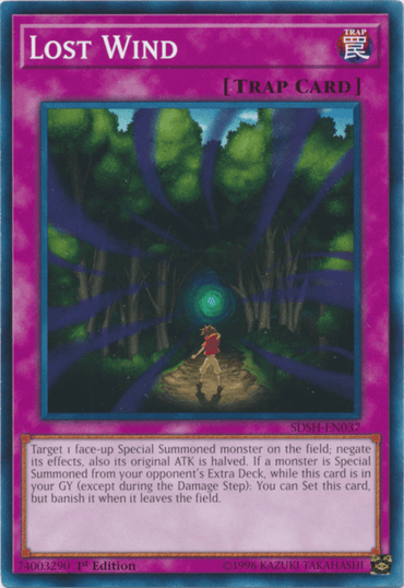 Image of the Yu-Gi-Oh! card "Lost Wind [SDSH-EN037] Common." The card has a purple border and is a Normal Trap from the Structure Deck Shaddoll Showdown. The artwork shows a person walking down a forest path towards a bright light at the end. Text at the bottom describes the card's effect, along with edition details.