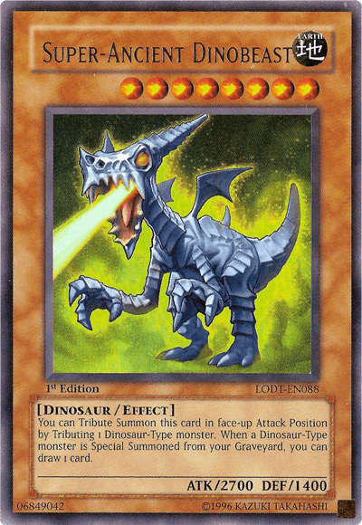 A Yu-Gi-Oh! trading card titled "Super-Ancient Dinobeast [LODT-EN088] Ultra Rare." The card features an armored, skeletal Dinosaur-Type monster with blue-gray skin and a glowing yellow eye. It is a level 8 Effect Monster with 2700 Attack and 1400 Defense. The background is orange with a pattern of horizontal lines.