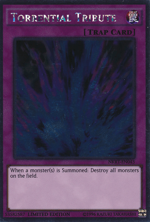 The image displays a Yu-Gi-Oh! trading card named "Torrential Tribute [NKRT-EN043] Platinum Rare," a Normal Trap. The card background is dark purple with a deep blue and black swirl design at the center. The text reads, "When a monster(s) is Summoned: Destroy all monsters on the field." The serial number is 53582587.