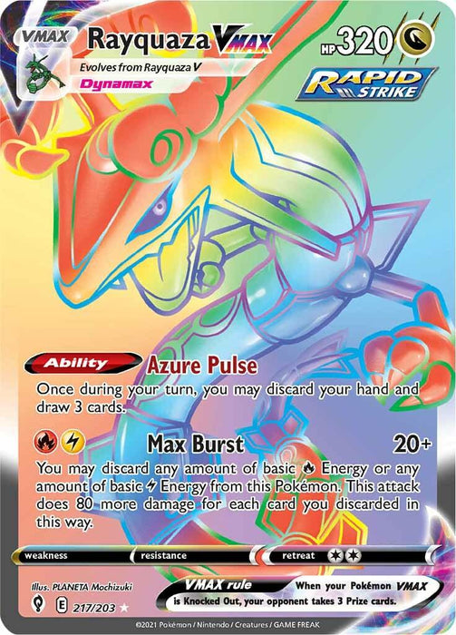 A Pokémon trading card featuring Rayquaza VMAX (217/203) [Sword & Shield: Evolving Skies] from the Pokémon set. This Secret Rare card showcases a colorful, dynamic illustration of the Dragon Type Rayquaza in a powerful stance. It has 320 HP, marked with "Rapid Strike," and includes abilities Azure Pulse and Max Burst. Card number 217/203.