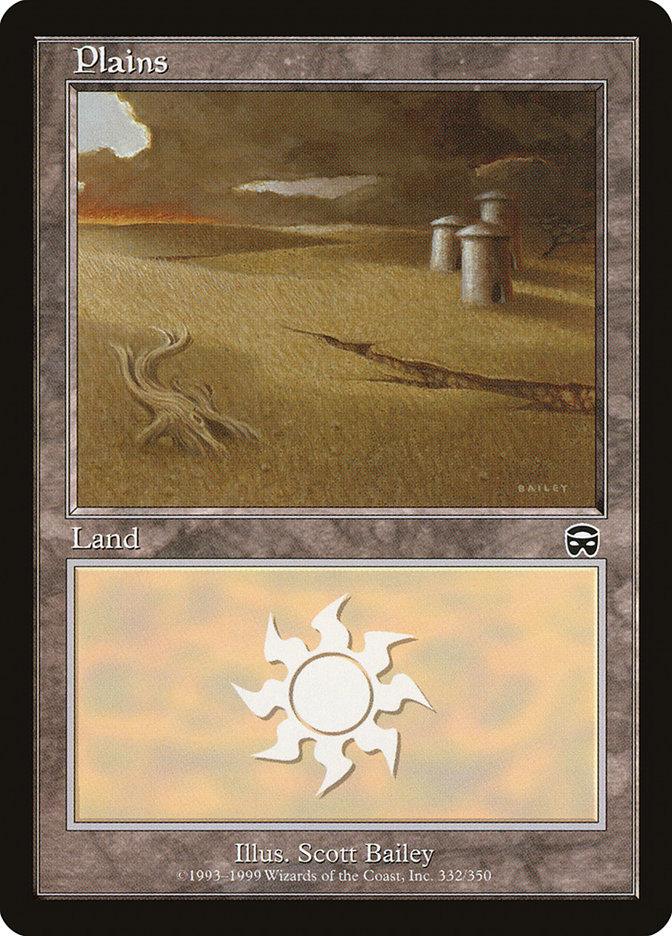 A Magic: The Gathering card titled "Plains (332) [Mercadian Masques]," featuring art by Scott Bailey. This Basic Land card depicts a vast, empty desert landscape with three small, distant structures under a cloudy sky, and belongs to the Mercadian Masques set. The white sun icon is prominently displayed in the lower section.