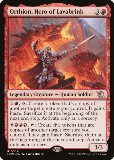 A Magic: The Gathering card titled **"Orthion, Hero of Lavabrink [March of the Machine],"** a Legendary Creature depicted as a Human Soldier wielding a blazing sword, standing against a fiery dragon. The red-bordered card from the March of the Machine set costs 3 generic and 2 red mana to play and has abilities that create creature tokens.