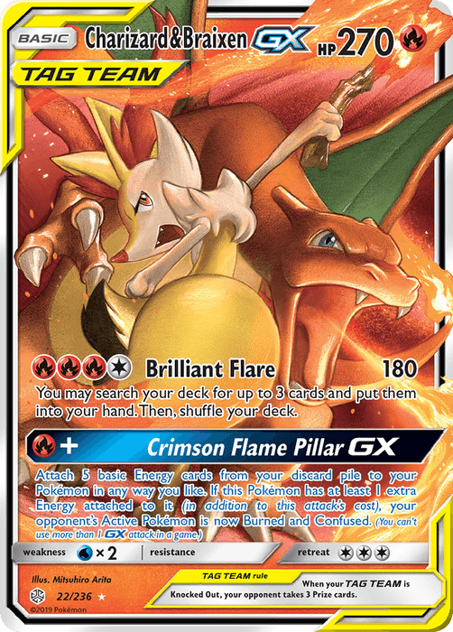 A Pokémon Charizard & Braixen GX (22/236) [Sun & Moon: Cosmic Eclipse] from the Sun & Moon series. This Ultra Rare card boasts a red and yellow design with both Pokémon in dynamic poses. With an HP of 270, it includes attacks "Brilliant Flare" and "Crimson Flame Pillar GX." The Cosmic Eclipse addition features game details and stats with a holographic finish.